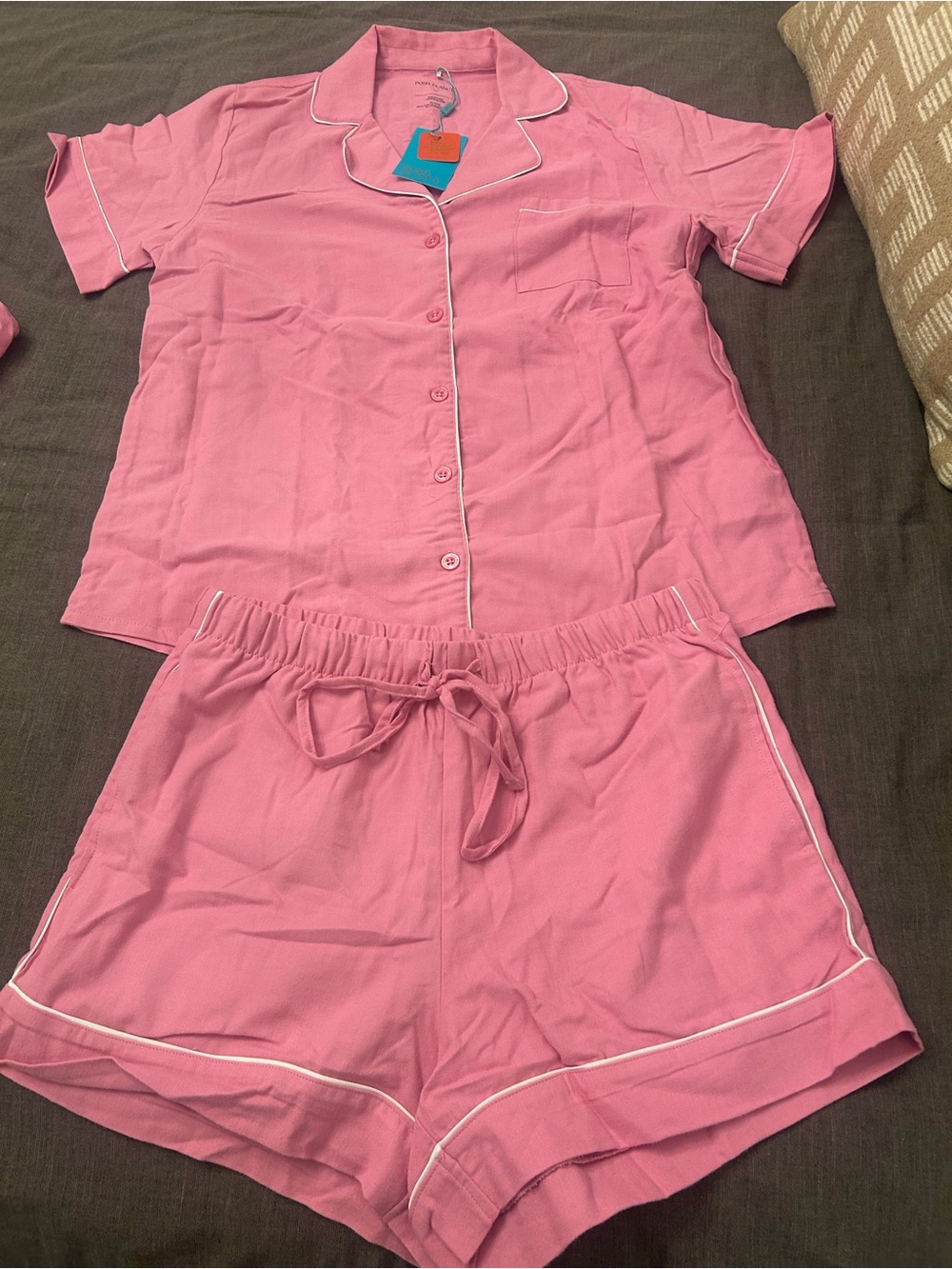 Posh Peanut Pink Short Sleeve Button Pajama Set with White Piping